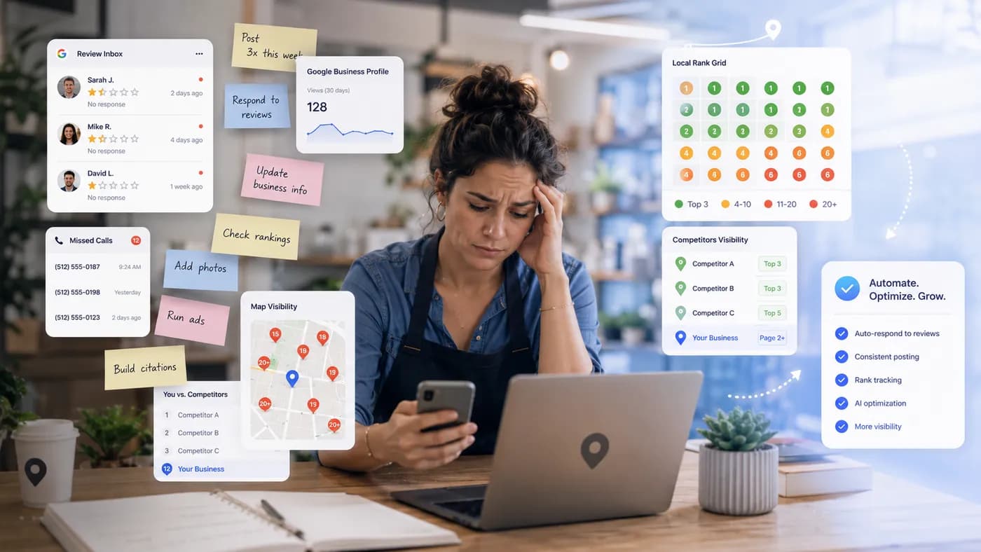 Business owner overwhelmed by calls, reviews, and rankings